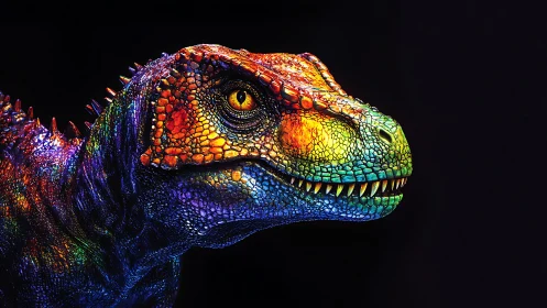 Neon-scaled raptor king grinning under electric starlight.