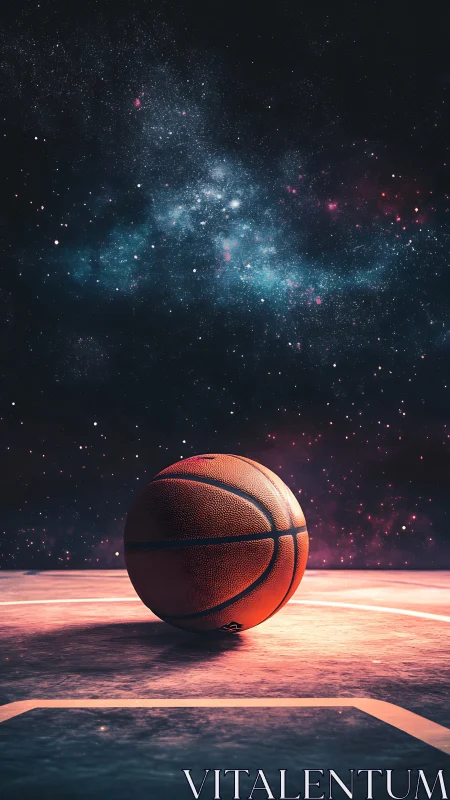 Basketball rests under cosmic night sky on glowing court.