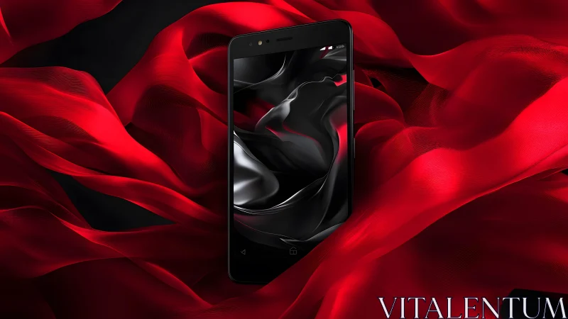 Sleek Smartphone on Flowing Red Silk Fabric, Modern Digital Art.