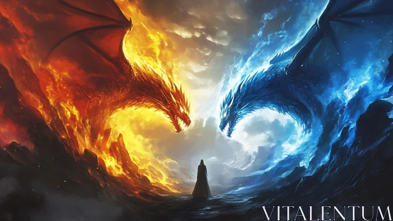Two elemental dragons confront a lone figure between fire and ice