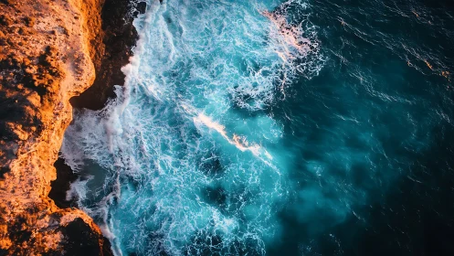 Sunlit cliff edge over teal ocean surf in motion.