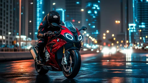 Sport bike rider leans into wet neon city street at night