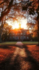 Neoclassical brick hall at sunrise framed by autumn trees