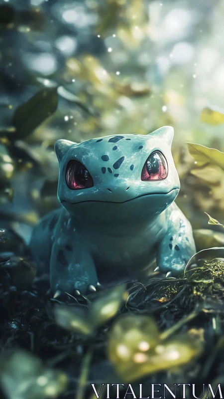 Bulbasaur style creature in soft forest light portrait.