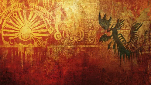 Sunlit relics and shadowed dragon on weathered gold wall.