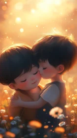 Two Children Embracing in Golden Light.