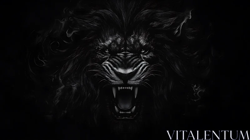 Digital painting of roaring lion head on black void field.