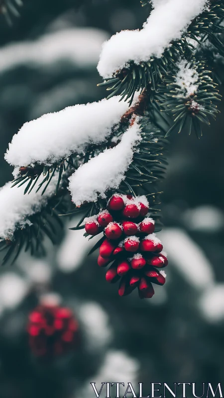 Snow-covered evergreen branch cradles bright winter berries