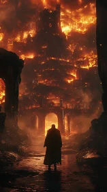 Lone wanderer stands before a burning infernal citadel.