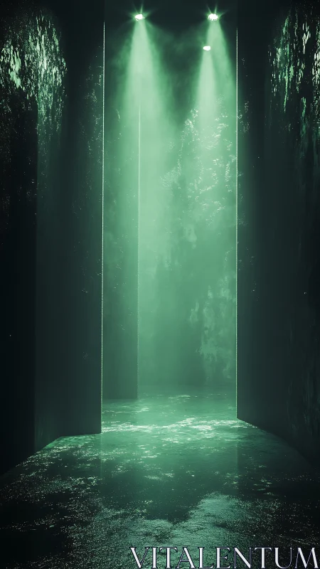 Green spotlights illuminate wet reflective corridor floor