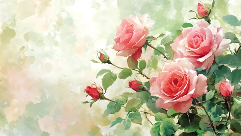 Pink roses blooming with soft watercolor background