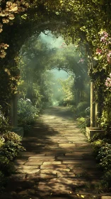 Sunlit stone walkway beneath an enchanted garden archway.