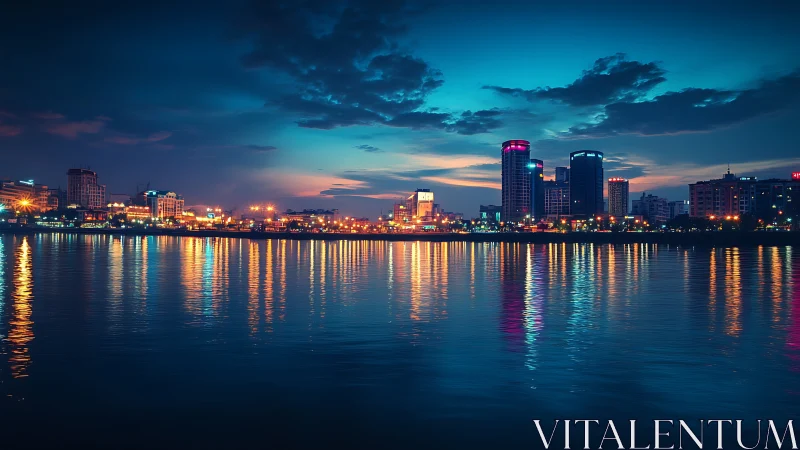 Vibrant riverside skyline reflects neon city lights at dusk