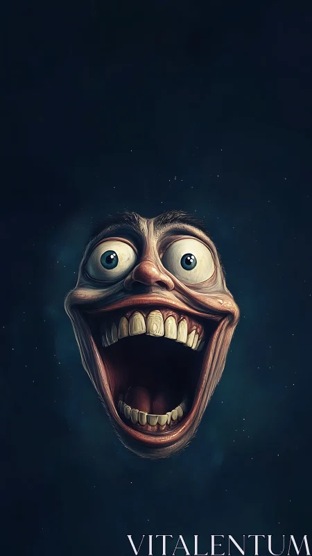 Grotesque floating head stretches manic grin in darkness