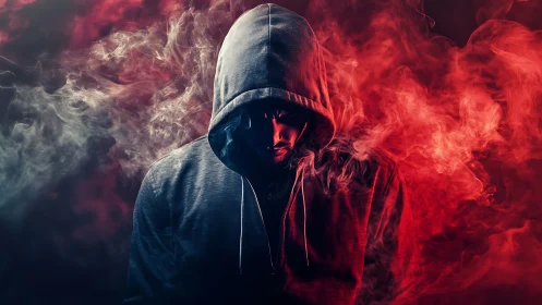 Hooded shadow stalks through crimson vapor and whispers.