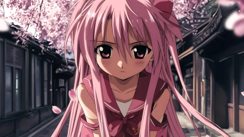 Melancholic pink‑haired schoolgirl under drifting sakura petals.