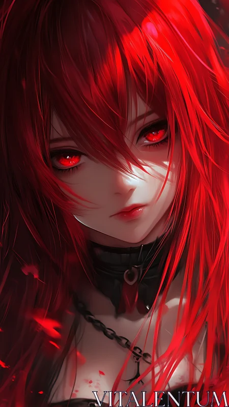 Crimson-eyed gothic anime portrait with dynamic hair lighting.