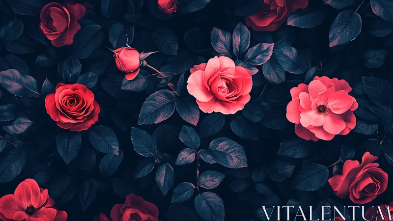 Crimson Blooms Dance Through Midnight Garden Shadows.