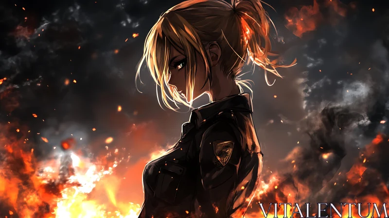 Side profile view shows anime soldier amid rising flames