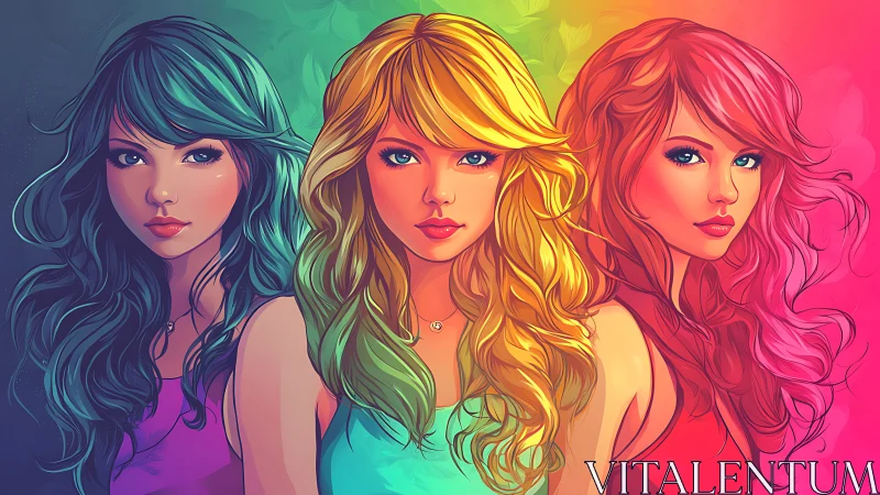Colorful trio of dreamy girls with flowing rainbow hair.