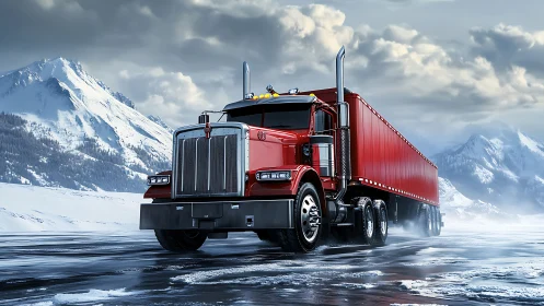 Red semi truck powers across frozen alpine highway.