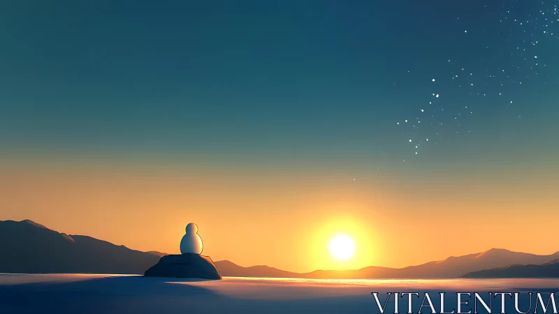 Softly lit snowman silhouette observes low horizon winter sunset