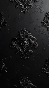 Baroque midnight flourishes in glossy black relief patterns.
