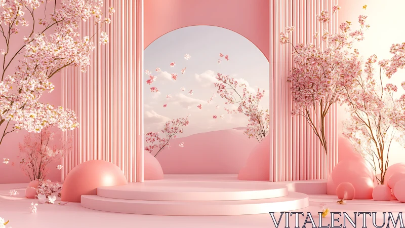 Dreamy pink garden archway bathed in soft spring light.