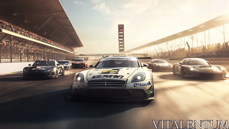 GT race cars sprint down sunlit straight at full speed.