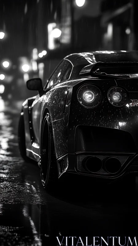 Sleek sports car rear in wet nighttime city street scene.