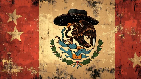 Stylized Mexican flag eagle wears sombrero on grunge canvas