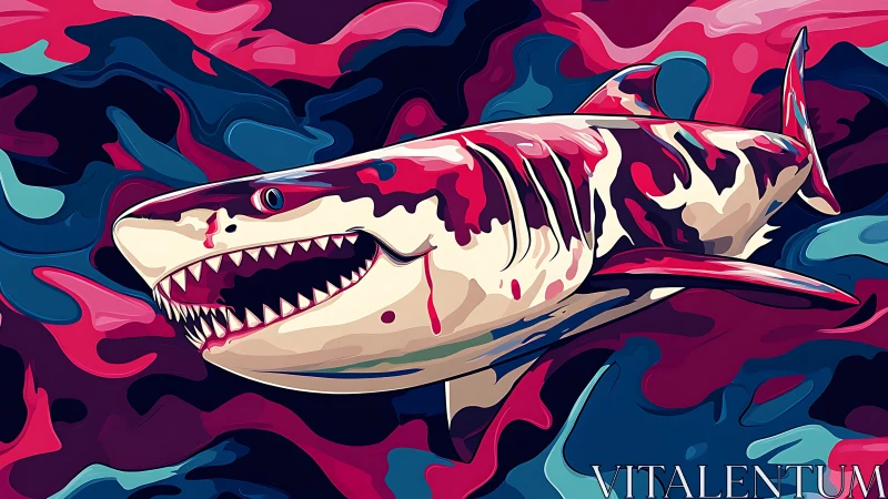 Vector-rendered shark occupies abstract multicolored background