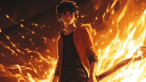Fiery teen hero standing defiant amid swirling flames.