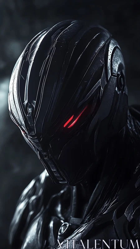 Armored black cyborg head with glowing red eyes in shadow.