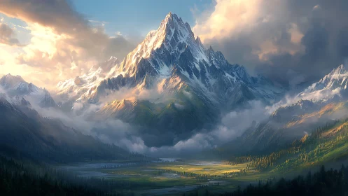 Snow peak towers over misted valley under warm sunset light