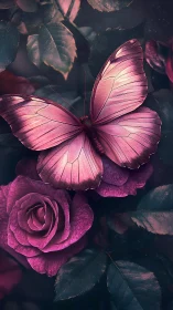 Pink butterfly rests on midnight roses in dreamy light