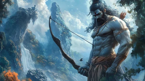 Stoic warrior archer stands calm amid misty sacred cliffs