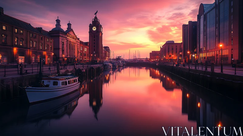Harbor sunrise glows softly over calm water and quiet boats