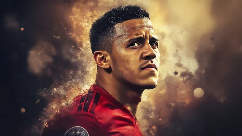 Digital painting portrait of footballer with dynamic light bloom.