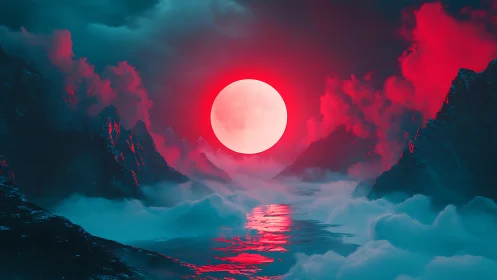 Large luminous orb aligns above misted water between ridges