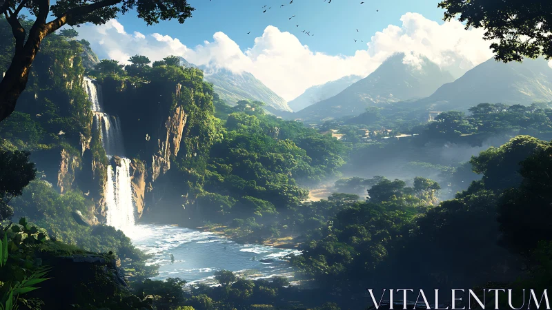 Lush tropical canyon with cascading waterfalls and misty light.