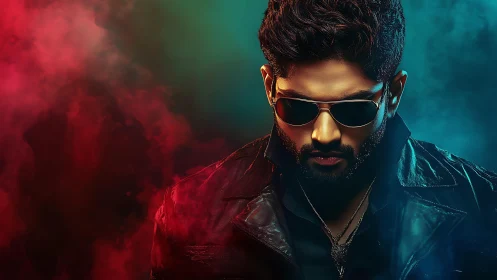 Man in leather jacket amid red and teal atmospheric smoke.