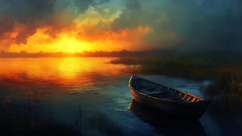 Solitary rowboat anchored in a luminous cinematic sunset lake