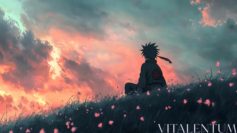 Silhouetted anime figure seated on hillside under sunset sky.