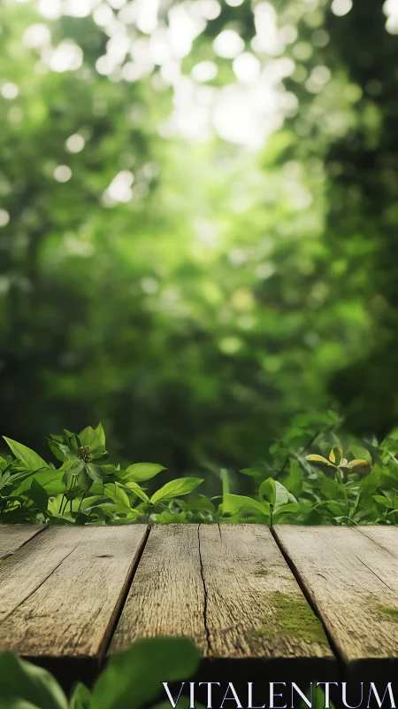 Wooden Table Overlooking Garden with Bokeh Canopy.
