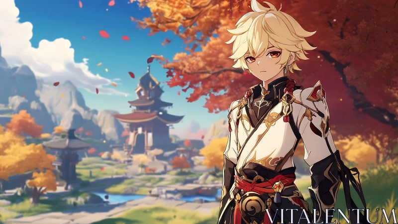Golden-haired traveler in a peaceful autumn temple valley.