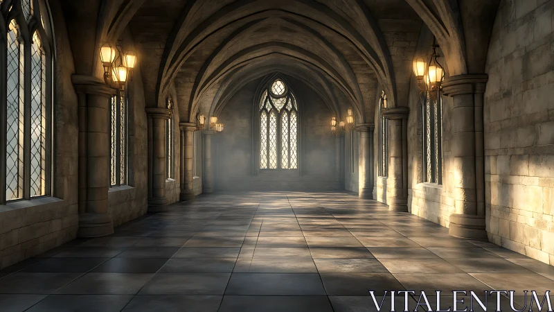 Gothic stone corridor with vaulted arches and warm lantern light.
