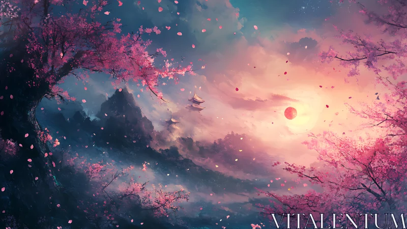 Petalstorm over Twin Suns: dreamlit sakura mountainscape.