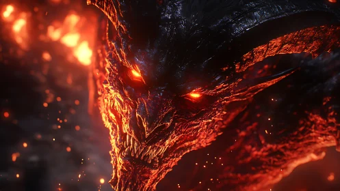 Molten horned dragon gazes through swirling embers and flame.