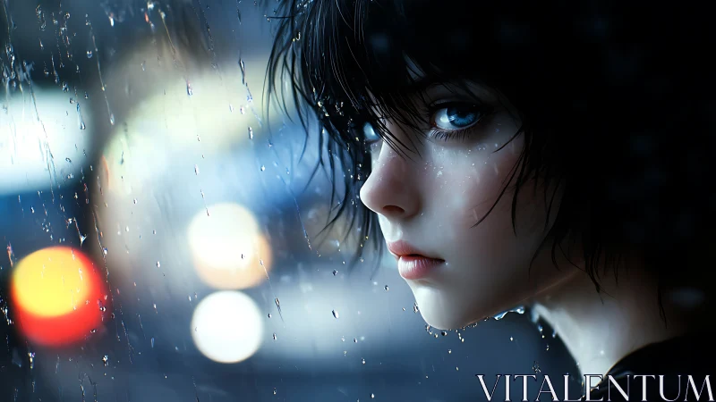 Hyperreal anime portrait in rain with cinematic bokeh field.